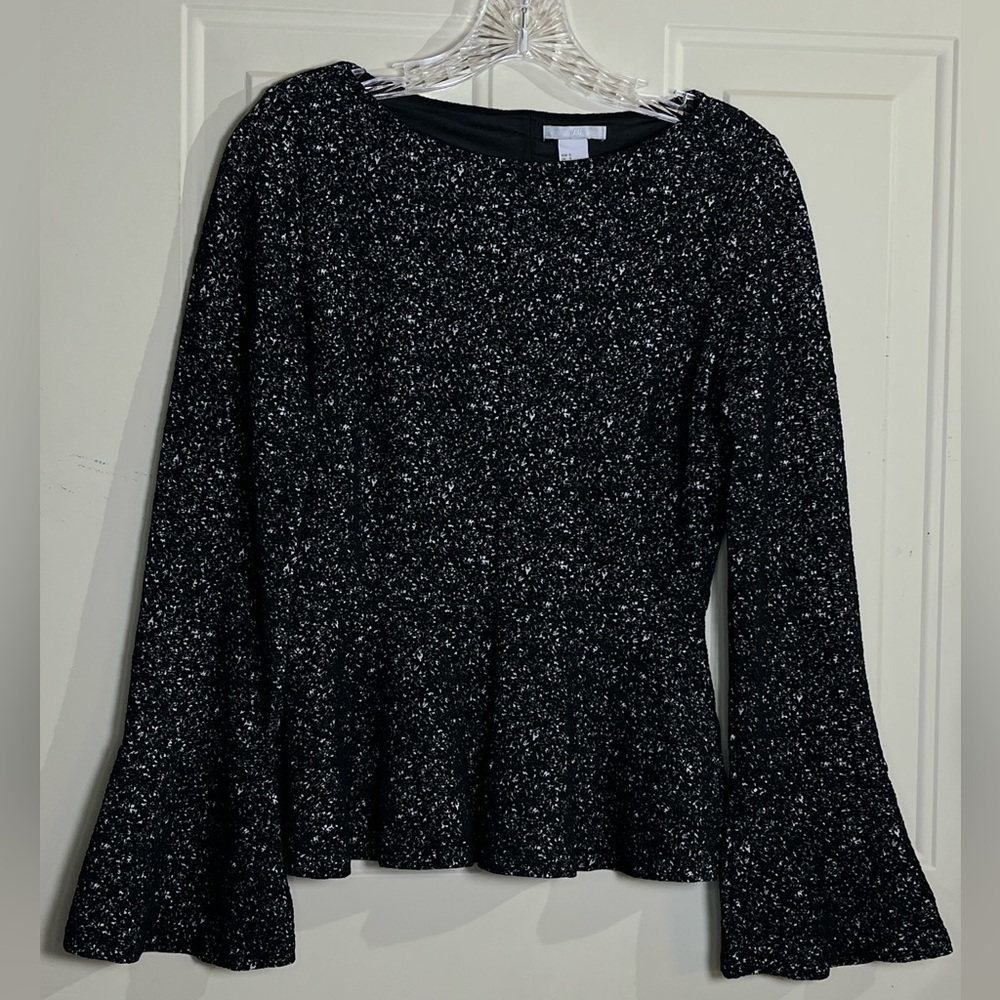 H&M Black White Speckled Peplum Top Long Bell Sleeve Women’s Size S